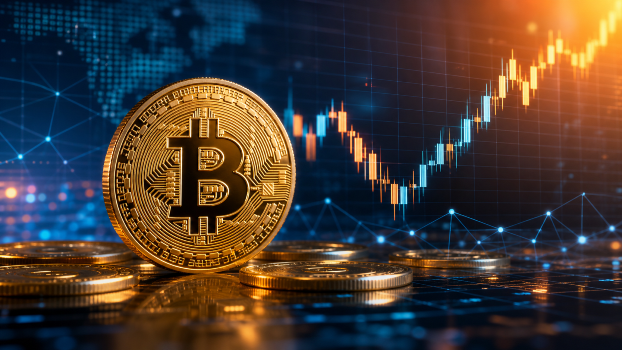 เหรียญ Bitcoin กับกราฟราคาฟื้นตัวบนตารางตลาดดิจิทัล