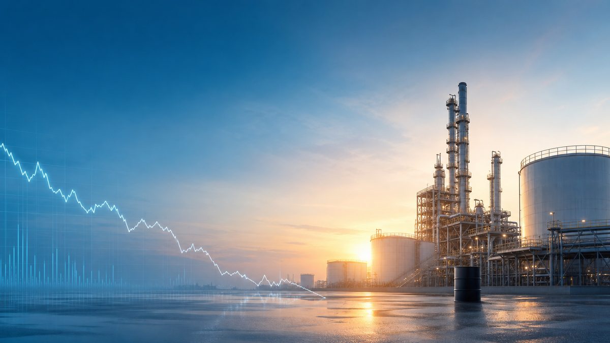 ภาพประกอบโรงกลั่นและกราฟราคาน้ำมันขาลง สำหรับข่าว EIA ลดคาดการณ์ราคา Brent ปี 2026